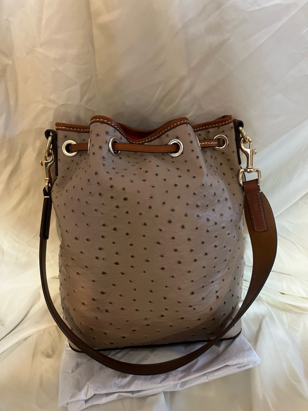 Dooney & Bourke Taupe Ostrich-Embossed Bucket Bag with Tan Trim - Picture 2 of 4